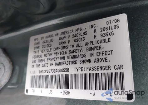 2009 Honda Accord 2.4 Ex from USA, damaged, VIN 1HGCP26739A000558